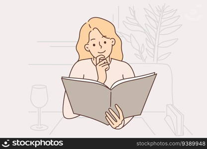 Woman restaurant visitor reads menu sitting at table with empty wine glass. Girl client of luxury restaurant came to have dinner and chooses dish will be prepared by professional chef. Successful woman restaurant visitor reads menu sitting at table with empty wine glas