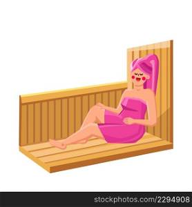 Woman Resting In Sauna Healthcare Procedure Vector. Young Girl Wrapped Towel Laying And Relaxing In Sauna. Character Enjoying Spa Salon Healthy Service And Leisure Time Flat Cartoon Illustration. Woman Resting In Sauna Healthcare Procedure Vector