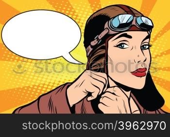 Woman retro military pilot pop art retro style. A military pilot. Retro vector aviation. Woman retro military pilot