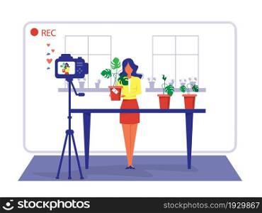 Woman Review or Selling home plant Through Live Streaming. shop online and E-Commerce Concept.Vector