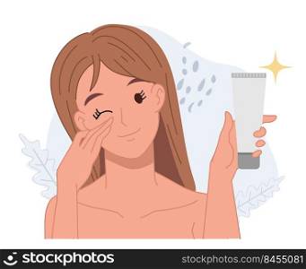 woman review skincare product.flat vector cartoon character illustration.