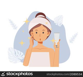 woman review skincare products.Result of acne treatment product.flat vector 2d cartoon character illustration.