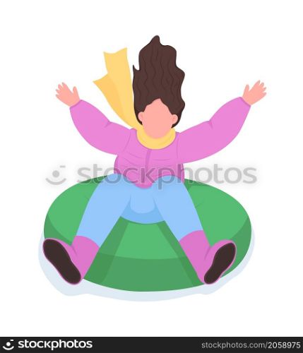 Woman ride on tube slide semi flat color vector character. Dynamic figure. Full body person on white. Winter fun isolated modern cartoon style illustration for graphic design and animation. Woman ride on tube slide semi flat color vector character