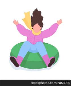 Woman ride on tube slide semi flat color vector character. Dynamic figure. Full body person on white. Winter fun isolated modern cartoon style illustration for graphic design and animation. Woman ride on tube slide semi flat color vector character