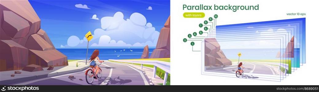 Woman rides on bicycle to sea beach. Vector parallax background for 2d animation with cartoon illustration of summer landscape with girl on bike on road, rocks and ocean shore. Parallax background with girl on bike and seascape