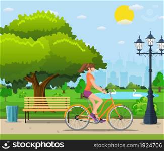Woman riding a bicycle In Public Park, Vector illustration in flat design. Couple Riding Bicycles In Public Park,