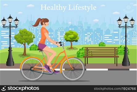 Woman riding a bicycle In Public Park, Vector illustration in flat design. Couple Riding Bicycles In Public Park,