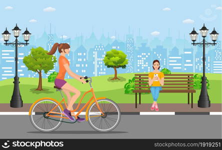 Woman riding a bicycle In Public Park, woman reading books outdoor on the bench in city park Vector illustration in flat design. Vector illustration in flat style. Couple Riding Bicycles In Public Park,