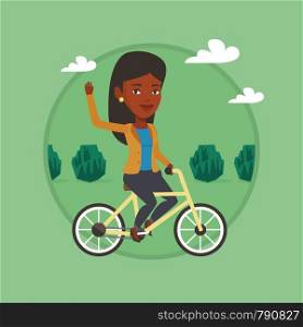 Woman riding a bicycle in the park. Cyclist riding bicycle and waving hand. Woman on a bicycle outdoors. Healthy lifestyle concept. Vector flat design illustration in the circle isolated on background. Woman riding bicycle vector illustration.
