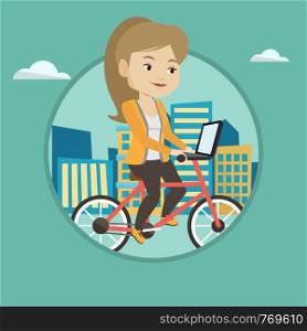 Woman riding a bicycle to work. Businesswoman with laptop on a bike. Businesswoman working on a laptop while riding a bicycle. Vector flat design illustration in the circle isolated on background.. Woman riding bicycle in the city.