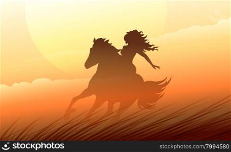 Woman riding a horse on the prairie. Colorful illustration.