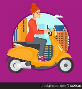 Woman riding a scooter on a city background. Young woman driving a scooter in the street. Vector flat design illustration in the circle isolated on background.. Woman riding scooter.