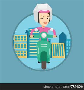 Woman riding a scooter on a city background. Young woman in helmet driving a scooter in the city street. Woman driving a scooter. Vector flat design illustration in the circle isolated on background.. Woman riding scooter in the city.