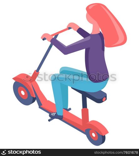 Woman riding an eco scooter, back view of female character in casual clothes sitting on electric transport, person balancing on modern equipment vector. Female Sitting on Eco Scooter, Electric Vector