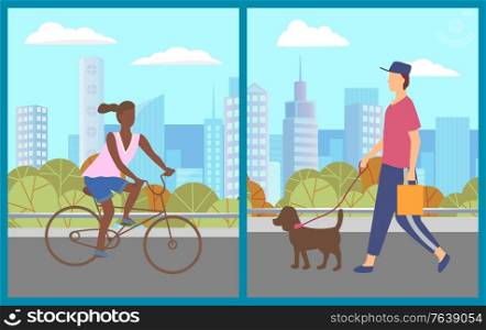 Woman riding bicycle at street of city vector, character walking dog in park. Cityscape skyline, pet on leash with owner. Town and citizens on weekends illustration in flat style design for web, print. Character Walking Dog in City, Lady on Bicycle