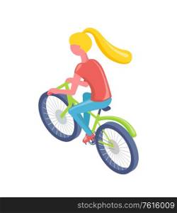 Woman riding bicycle, back view of girl wearing casual clothes sitting on eco transport, cyclist character, healthy activity, leisure outdoor vector. Girl Riding Bicycle, Eco Transport, Active Vector