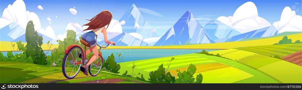 Woman riding bicycle cartoon illustration. Vector image of young female character cycling against scenic mountain lake background with green field and blue sky. Active summer hobby. Healthy lifestyle. Woman riding bicycle cartoon vector illustration