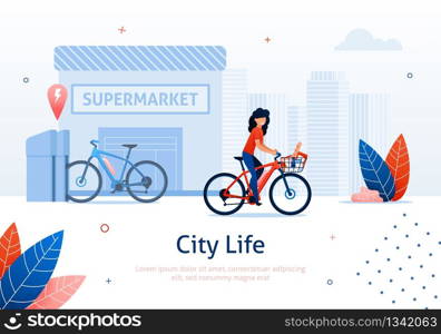 Woman Riding Bicycle from Supermarket Banner Vector Illustration. Girl&rsquo;s Active and Healthy Style of Life. Renting Bike to Take Home Food. Cartoon Basket with Products from Shop or Store.. Woman Riding Bicycle from Supermarket Banner.