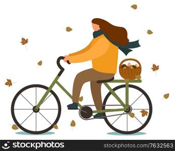 Woman riding bicycle in autumn vector. Lady going home after gathering mushrooms, boletus in wooden basket. Person in warm clothes cycling bike, cold weather. Fall mushrooming season illustration. Woman Riding Bicycle with Basket of Mushrooms
