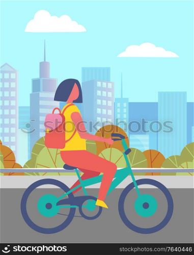 Woman riding bicycle in urban park in summer. Person strolling city street or road alone. Young lady spend time actively doing sports. Beautiful landscape, cityscape on background. Vector illustration. Woman Riding Bicycle in Summer Park, Cityscape