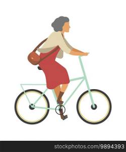 Woman riding bicycle. Old person on bike in dress outdoor activities in park, simple female senior character healthy leisure lifestyle and sport for pensioner flat cartoon vector isolated concept. Woman riding bicycle. Old person on bike in dress outdoor activities in park, simple female senior character healthy leisure lifestyle and sport for pensioner flat cartoon vector concept