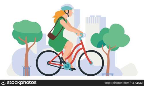 Woman riding bicycle on city street. Eco urban transport isolated on white background. Woman riding bicycle on city street. Eco urban transport