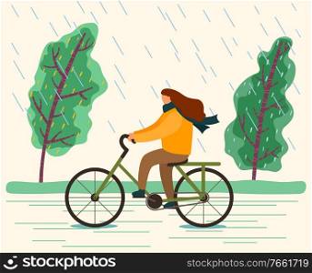Woman riding bicycle on road in forest or wood. Lady drive wheeled vehicle for transportation from countryside. Person biking during rain. Rainy autumn weather. Vector illustration in flat style. Woman Riding Bicycle During Rain, Active Sport