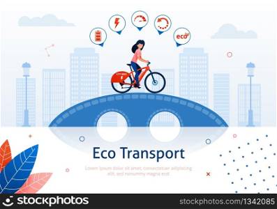 Woman Riding Bicycle with Signs Banner. Speed, Energy, Eco Icons. Ecological Transport. Young Cartoon Girl Going over Bridge on Cityscape Background. Vehicle Friendly for Environment.. Young Cartoon Girl Riding over Bridge in Bicycle.
