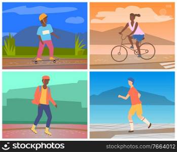 Woman riding bicycle. Young african american guy rollerblading. Man in sporstwear jogging. Boy in helmet skateboarding. People doing outdoor sport activities. People Doing Outdoors Sport Activities Set Vector
