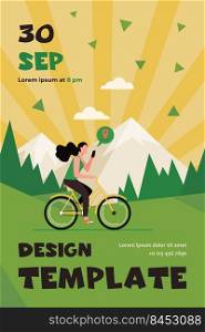 Woman riding bike by mountains. Girl cycling and consulting location app on cell flat vector illustration. Activity, path searching concept for banner, website design or landing web page