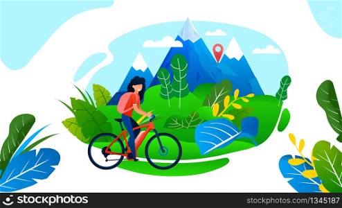 Woman Riding Bike. Rest on Nature. Valley and Rocks Landscape. Mountain Biking, Extreme Sport and Recreation. Summer Vacation in Highlands. Vector Flat Cutout Illustration. Healthy Holiday. Woman Riding Bike Having Rest on Mountain Valley