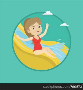 Woman riding down a water slide at the aquapark. Woman having fun on a water slide in waterpark. Girl going down a water slide. Vector flat design illustration in the circle isolated on background.. Woman riding down waterslide vector illustration.