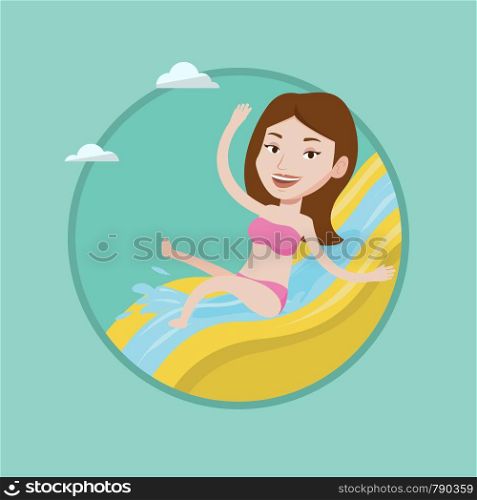 Woman riding down a waterslide at the aquapark. Woman having fun on a water slide in waterpark. Girl going down a water slide. Vector flat design illustration in the circle isolated on background.. Woman riding down waterslide vector illustration.