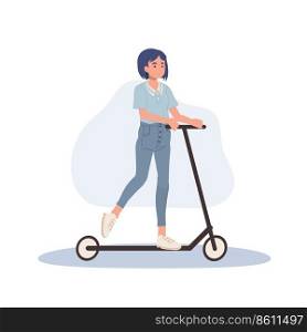 woman riding kick scooter.Active Lifestyle.  Eco transport. vector illustration.