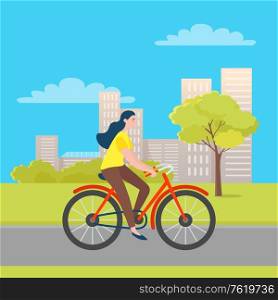 Woman riding on bicycle in green city park with trees and houses on background. Vector cartoon style girl cycling outdoors, cyclist female, summertime. Woman Riding on Bicycle in Green City Park, Trees