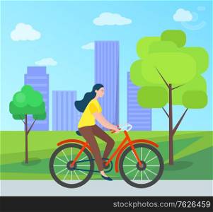 Woman riding on bicycle in green city park with trees and houses on background. Vector cartoon style girl cycling outdoors, cyclist female, summertime. Flat cartoon. Woman Riding on Bicycle in Green City Park, Trees