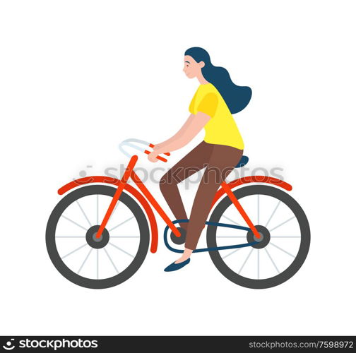 Woman riding on bike isolated vector cartoon character. Vector female bicyclist cycling on modern eco transport profile view. Active way of life, healthy lifestyle. Woman Riding on Bike Isolated Vector Character