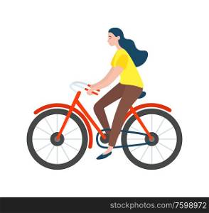 Woman riding on bike isolated vector cartoon character. Vector female bicyclist cycling on modern eco transport profile view. Active way of life, healthy lifestyle. Woman Riding on Bike Isolated Vector Character