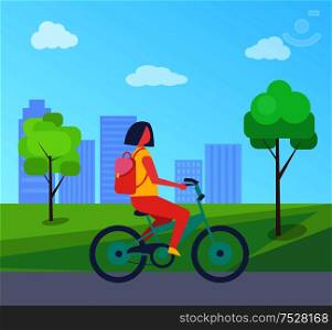Woman riding on bike on background of green trees and houses. Vector teenager girl on bicycle in city park, having fun outdoors in summertime concept. Woman Riding on Bike at Green Trees and Houses