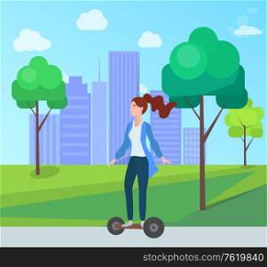 Woman riding on electric scooter in green city park with trees and houses on background. Vector cartoon style girl on self-balancing board, new hoverboard gadget. Woman Riding Segway in Green City Park with Trees
