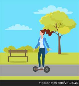 Woman riding on electric scooter in green city park with trees and houses on background. Vector cartoon style girl on self-balancing board, new hoverboard gadget. Woman Riding Segway in Green City Park with Trees