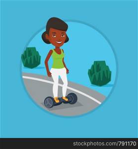 Woman riding on self-balancing electric scooter in the park. Woman riding on gyroscooter outdoor. Woman standing on gyroboard. Vector flat design illustration in the circle isolated on background.. Woman riding on self-balancing electric scooter.