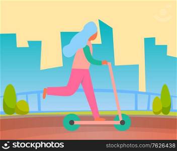 Woman riding on two wheeled open motor vehicle in park, city buildings on background. Vector profile view of girl on scooter, summer recreation activities. Flat cartoon. Woman Riding on Two Wheeled Open Motor Vehicle