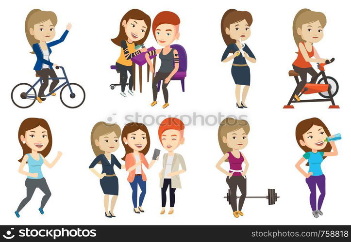 Woman riding stationary bicycle in the gym. Woman exercising on stationary training bicycle. Woman training on exercise bicycle. Set of vector flat design illustrations isolated on white background.. Vector set of sport characters.