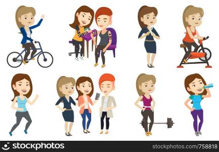 Woman riding stationary bicycle in the gym. Woman exercising on stationary training bicycle. Woman training on exercise bicycle. Set of vector flat design illustrations isolated on white background.. Vector set of sport characters.