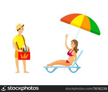 Woman rising hands for buying bottles, man standing with box of drinks. Girl in swimsuit lying on chaise lounge under parasol, business on beach vector. Girl Lying on Chaise Lounge, Commercial Vector