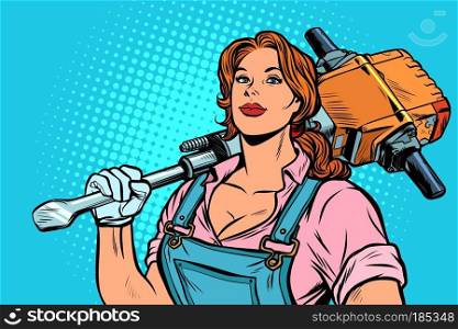 woman road worker Builder with jackhammer. Pop art retro vector illustration vintage kitsch. woman road worker Builder with jackhammer