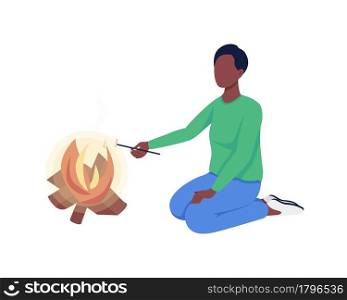Woman roasts marshmallows semi flat color vector character. Sitting figure. Full body person on white. Summer camping trip isolated modern cartoon style illustration for graphic design and animation. Woman roasts marshmallows semi flat color vector character
