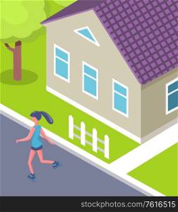 Woman rollerblading near house, activity in yard , back view of girl wearing sportswear, close up view of cottage with windows, green grass and tree vector. Rollerskater near House, Activity in Yard Vector