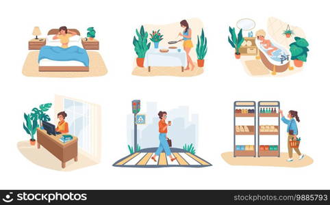 Woman routine. Cartoon young female character everyday life. Cute girl buying food in supermarket, cooking meal and working in office, walking around city. Daily schedule, vector lifestyle set. Woman routine. Cartoon female character everyday life. Girl buying food in supermarket, cooking meal and working in office, walking around city. Daily schedule, vector lifestyle set